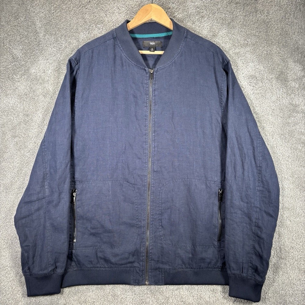 Mossimo Bomber‎ Jacket Mens L Full Zip Navy Blue 100% Linen Lightweight Y2K